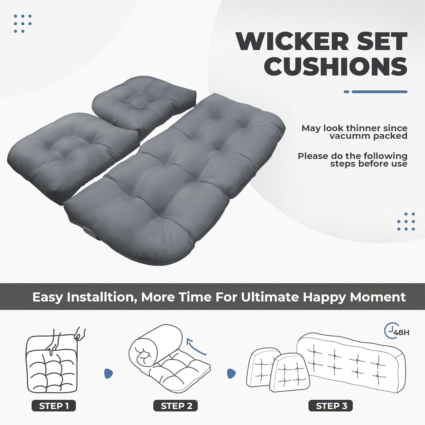 Wicker Chair Cushions, Waterproof Outdoor Loveseat Cushions for Patio Furniture, Tufted Wicker Furniture Cushions, 1 Loveseat and 2 U-Shaped Cushions, Grey