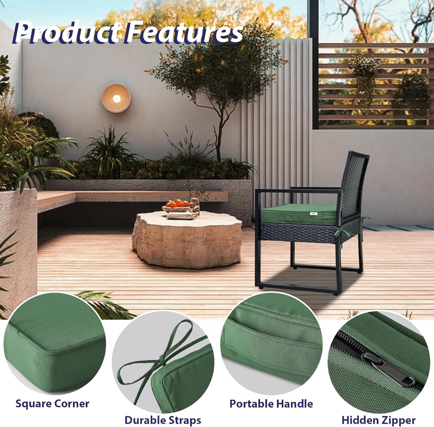 Outdoor Chair Cushions Set of 4,Waterproof Outdoor Seat Cushions for Patio Furniture,Patio Chair Cushion with Handle and Ties, Square Out Door Chair Pads,19" x 19" x 3", Forest Green