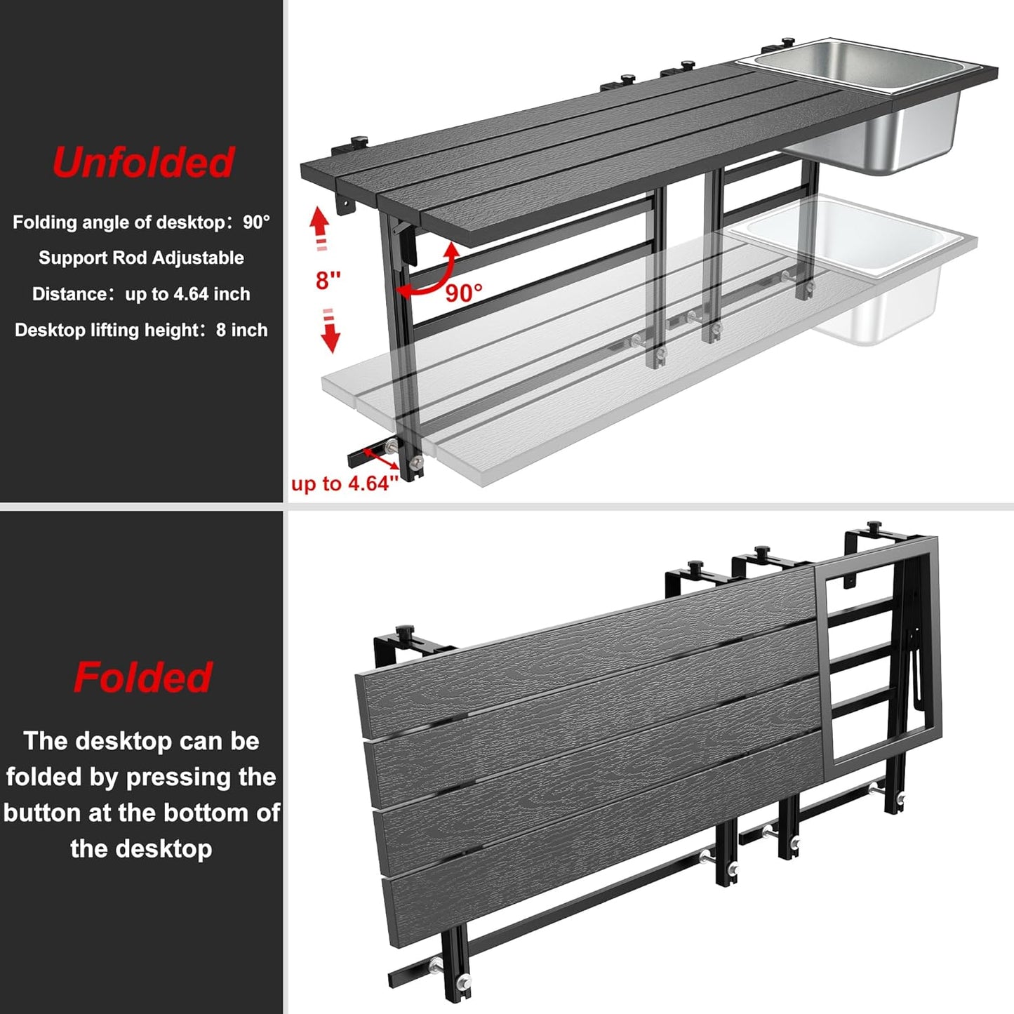 GDLF Upgraded Balcony Table Outdoor Patio Bar Table with Durable Composite Tabletop Aluminum Alloy Frame Hanging Folding Adjustable with Removable Ice Bucket, Easy Assembly (10Mins),43.5" L