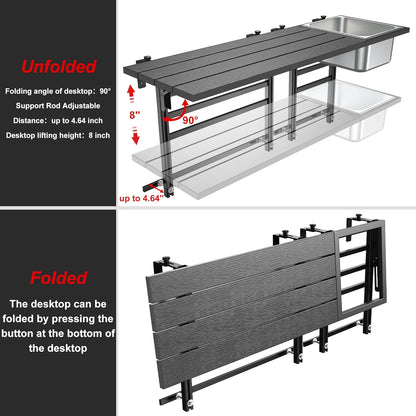GDLF Upgraded Balcony Table Outdoor Patio Bar Table with Durable Composite Tabletop Aluminum Alloy Frame Hanging Folding Adjustable with Removable Ice Bucket, Easy Assembly (10Mins),43.5" L