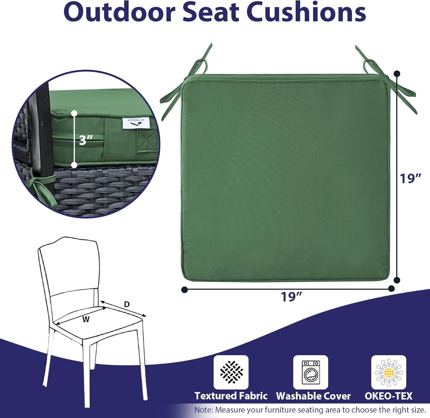 Outdoor Chair Cushions Set of 4,Waterproof Outdoor Seat Cushions for Patio Furniture,Patio Chair Cushion with Handle and Ties, Square Out Door Chair Pads,19" x 19" x 3", Forest Green