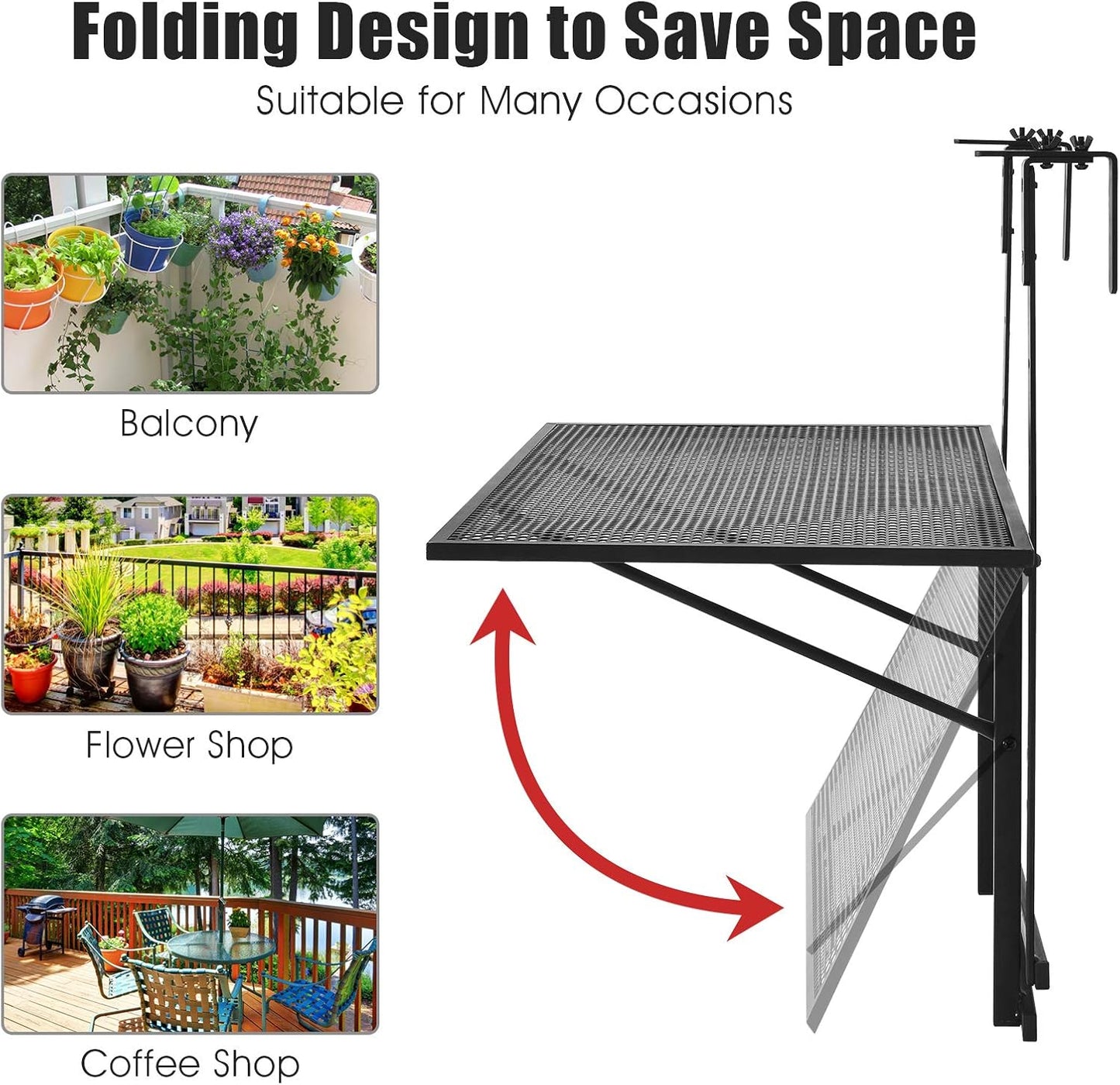 Tangkula Outdoor Folding Hanging Table, 5 Height Adjustable & Foldable Space Saving Railing Serving Table, Width from 1.5 inch to 4 inches, Suitable for Patio, Balcony and Deck