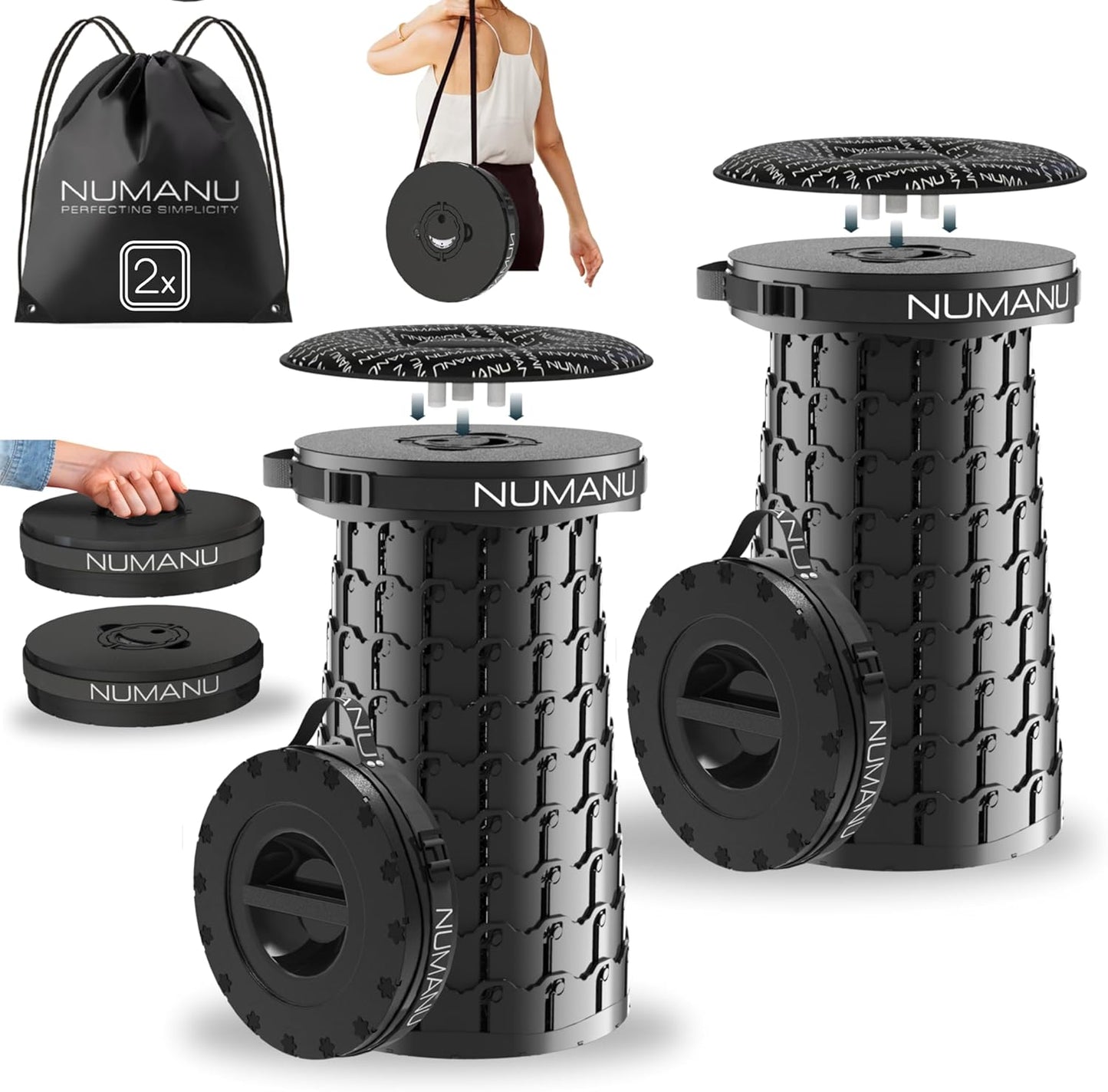 NUMANU 2025 Upgraded XXL Collapsible Stool with Cushion & Bag, 1000lbs Max Weight, 19.7" Heavy Duty Portable Retractable Telescoping Folding Seat Chair or Travel Footrest