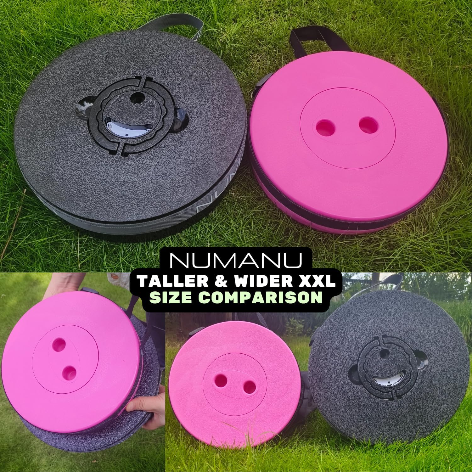 NUMANU 2025 Upgraded XXL Collapsible Stool with Cushion & Carry Bag, 2.7"-19.7", Max 1000lbs Foldable Telescoping Camping Stool Portable Seat or Travel Footrest (2Pack: 2X Stool, 2X Cushion, 2X Bag)