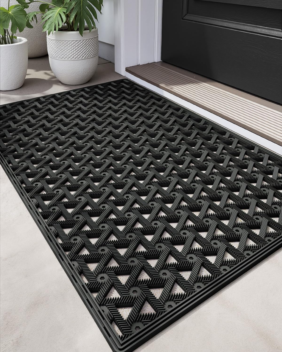DEXI Front Door Mat Outside Entrance，19x30 Rubber Floor Doormat Heavy Duty Non Slip, Dirt Trapper Waterproof Exterior Entry Mats All Weather for Patio Entryway Drainage, Black