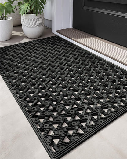 DEXI Front Door Mat Outside Entrance，19x30 Rubber Floor Doormat Heavy Duty Non Slip, Dirt Trapper Waterproof Exterior Entry Mats All Weather for Patio Entryway Drainage, Black