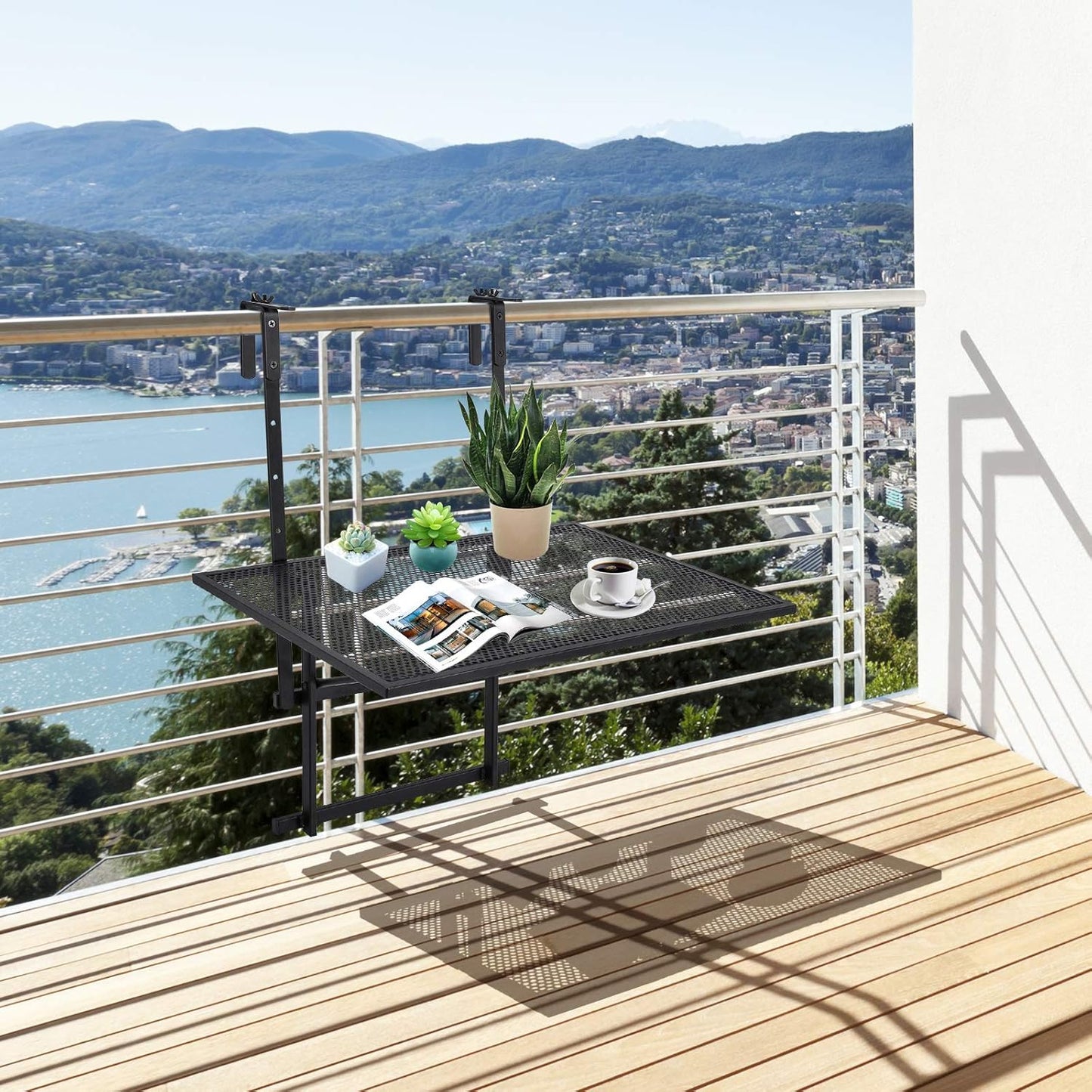 Tangkula Outdoor Folding Hanging Table, 5 Height Adjustable & Foldable Space Saving Railing Serving Table, Width from 1.5 inch to 4 inches, Suitable for Patio, Balcony and Deck