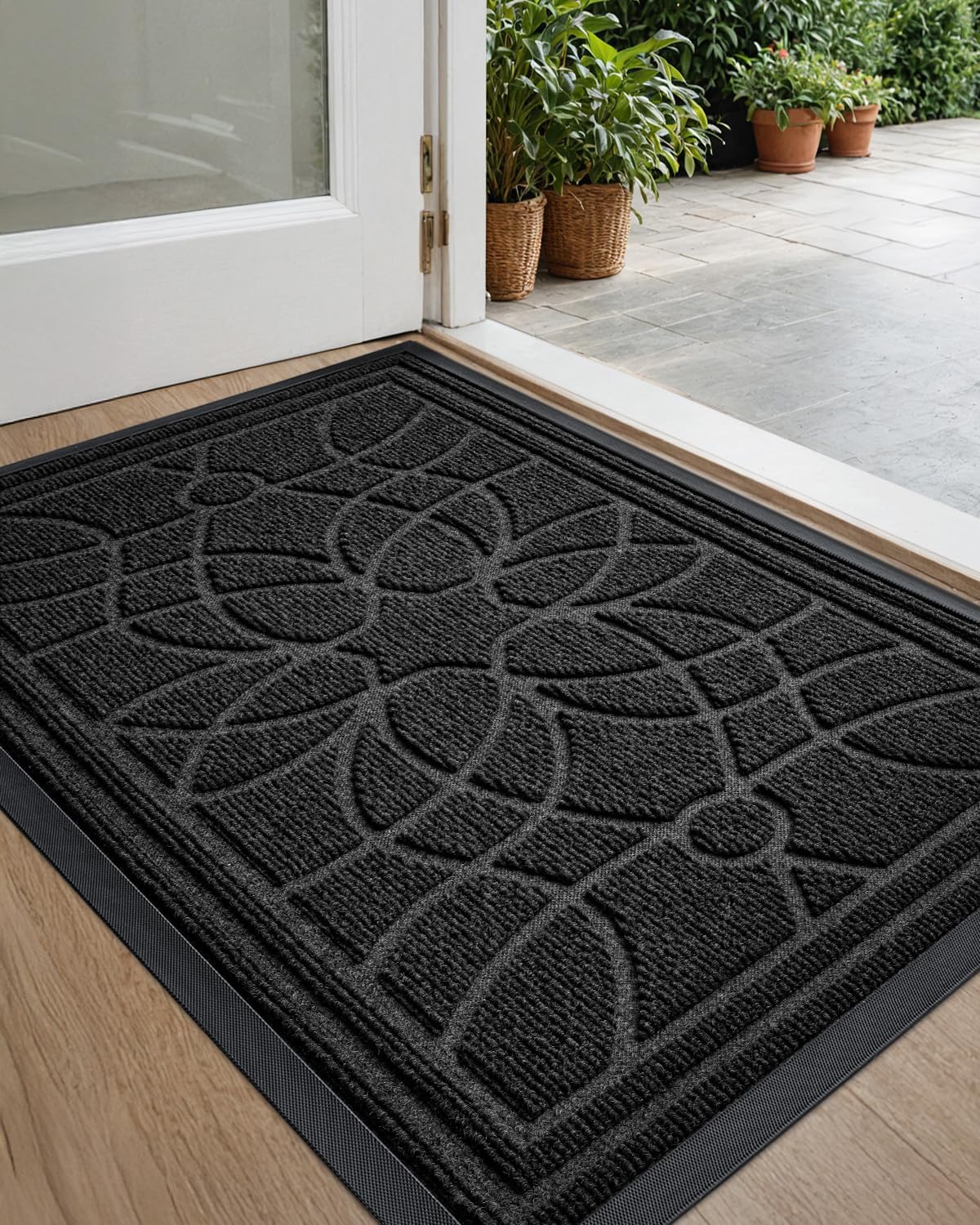 DEXI Front Door Mat Outside Entrance, Heavy Duty Non Slip Low Profile Doormat for Entryway, Trap Dirt and Moisture Welcome Mats, Easy Clean, Patio, Garage, 6x4, Black