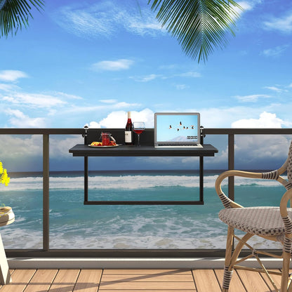 Sundale Outdoor 32" Large Folding Balcony Table for Railing, Patio HDPE Bar Adjustable Hanging Mounted Table for Baluster Garden Deck, Black