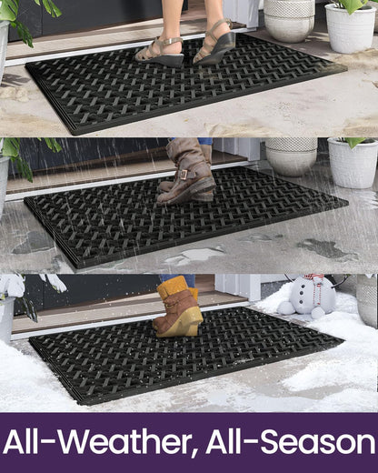 DEXI Front Door Mat Outside Entrance，19x30 Rubber Floor Doormat Heavy Duty Non Slip, Dirt Trapper Waterproof Exterior Entry Mats All Weather for Patio Entryway Drainage, Black