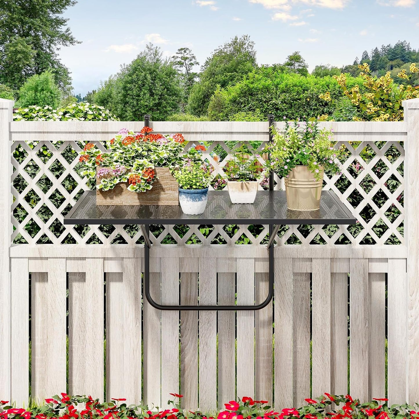 Tangkula Balcony Railing Table, Outdoor Folding Hanging Table with Metal Frame, Space-Saving Bar Serving Table Fits Railings Up to 2.4” Thick for Patio, Porch, Deck