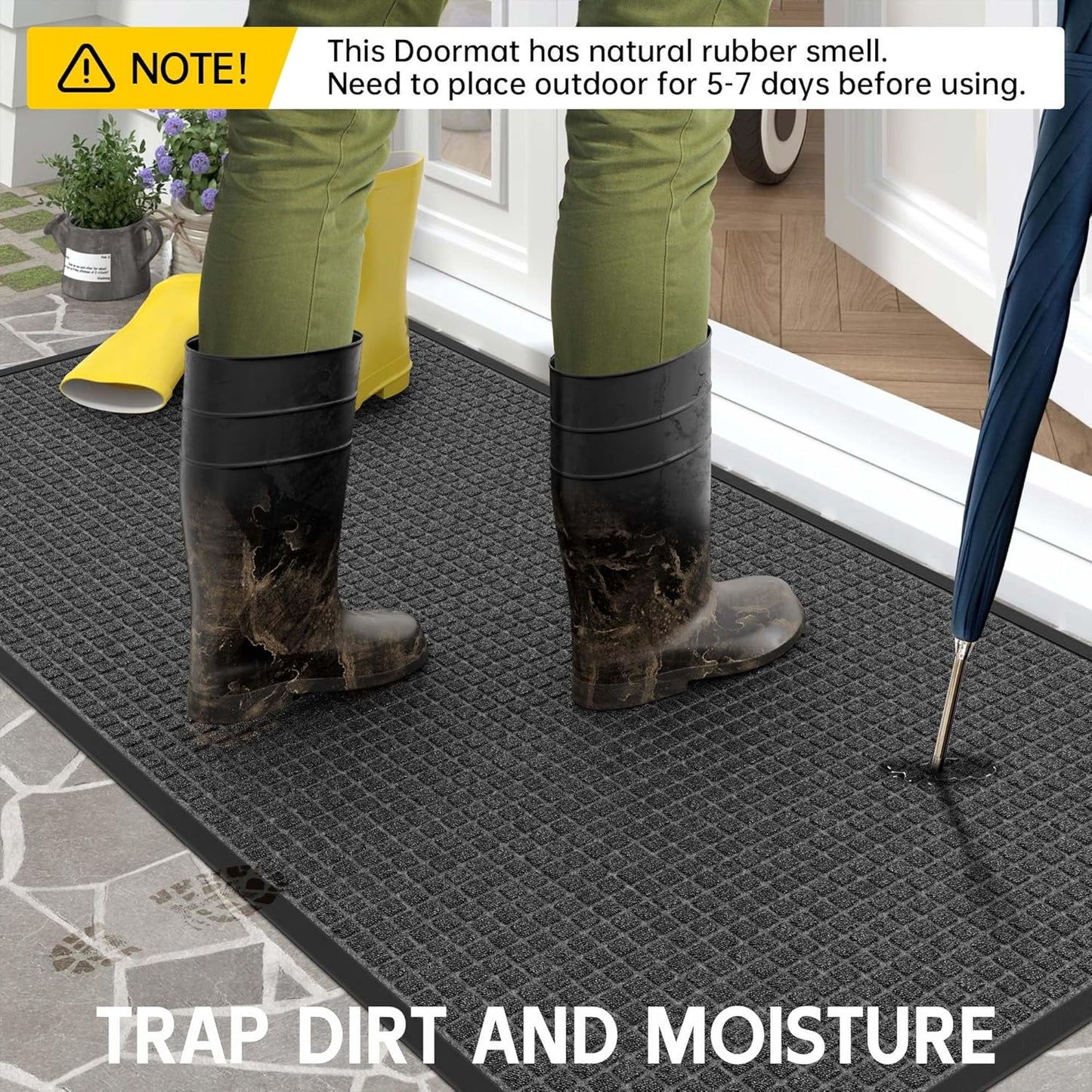 Sturdy Front Door Mat Outside Entrance, 6' x 3' All-Season All-Weather Doormat Waterproof, Stain and Fade Resistant, Natural Rubber Indoor Outdoor Welcome Door Mat Trap Dirt