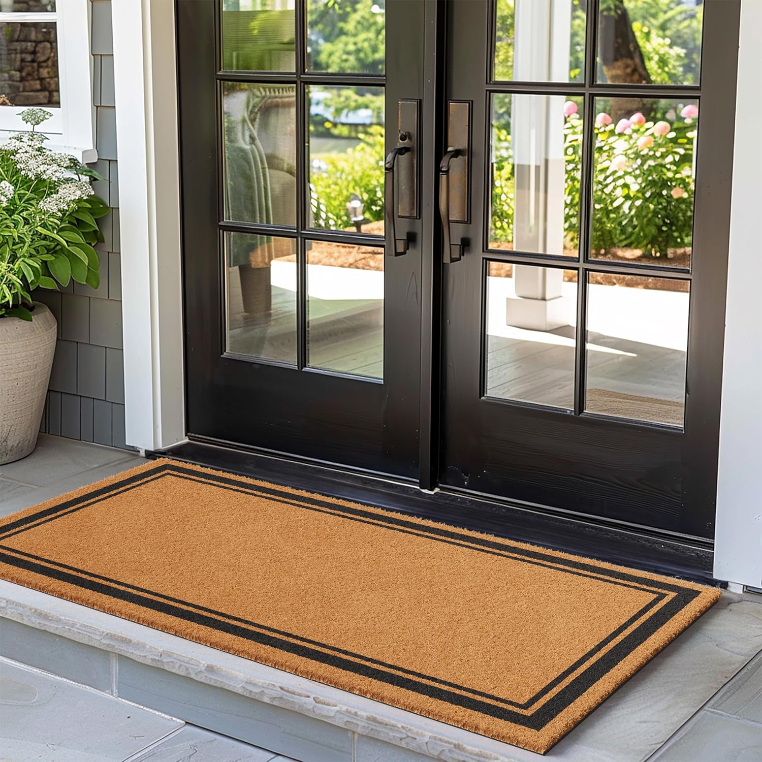 Barnyard Designs Natural Coco Coir Heavy Duty Backing Doormat - Large Cute Non-Slip Front Door Welcome Mat for Outside Entrance or Porch Entry, Brown (36x72, Border)