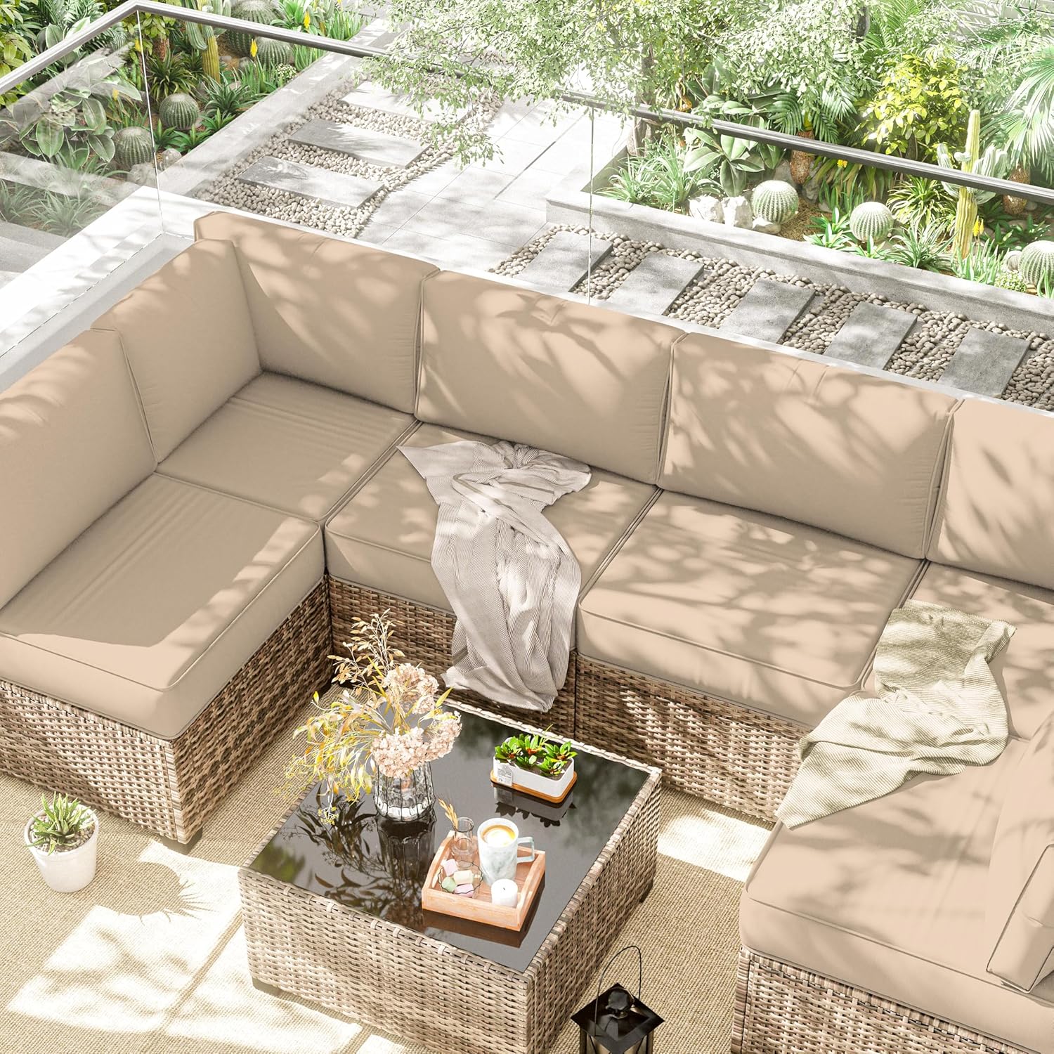 Outdoor Replacement Cushions for Patio Furniture, 5" Foam High-Density, 14-Piece Water-Resistant Outdoor Cushion for 6-Seat Sectional Patio Conversation Sets, Liner&Cover